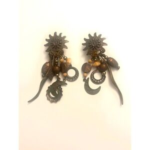 Vintage Sun & Moon Bohemian Bronze Dangle Clip-On Earrings
